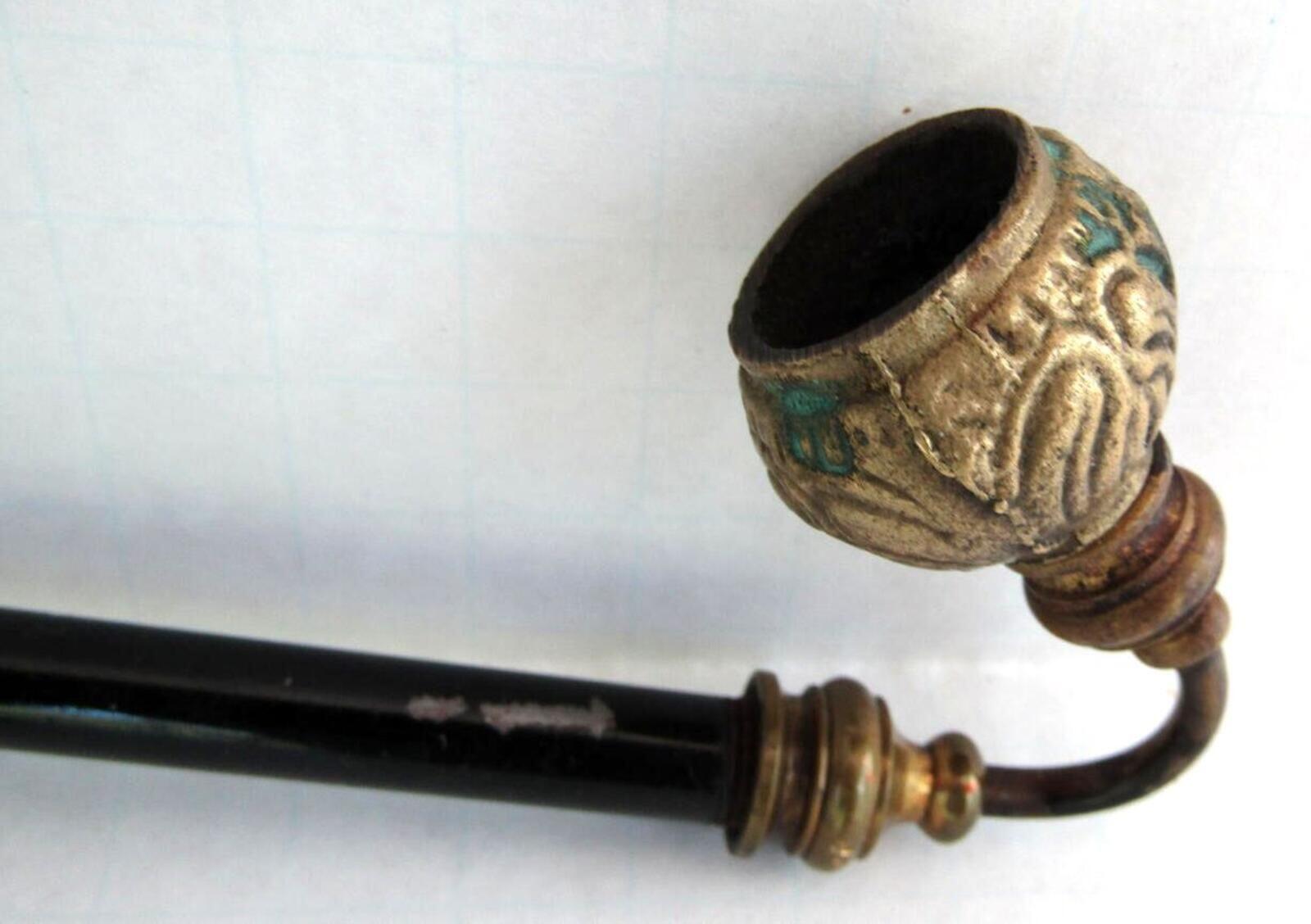 Antique Asian Long Metal Smoking Pipe Patina Decorative Brass Collectible