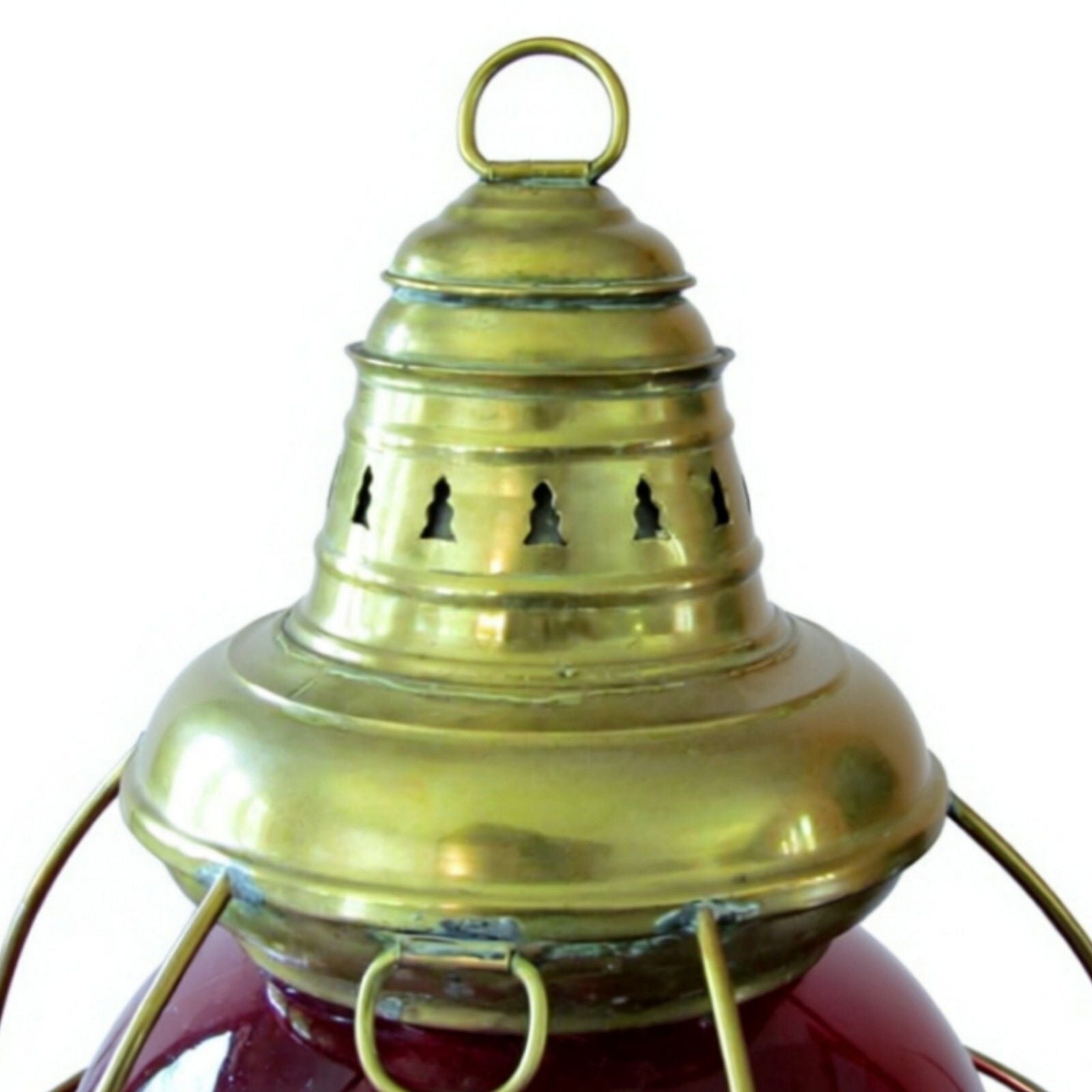 Antique Perkins Brass Onion Lantern 20" Ruby Red Glass Nautical Ship Oil Lamp