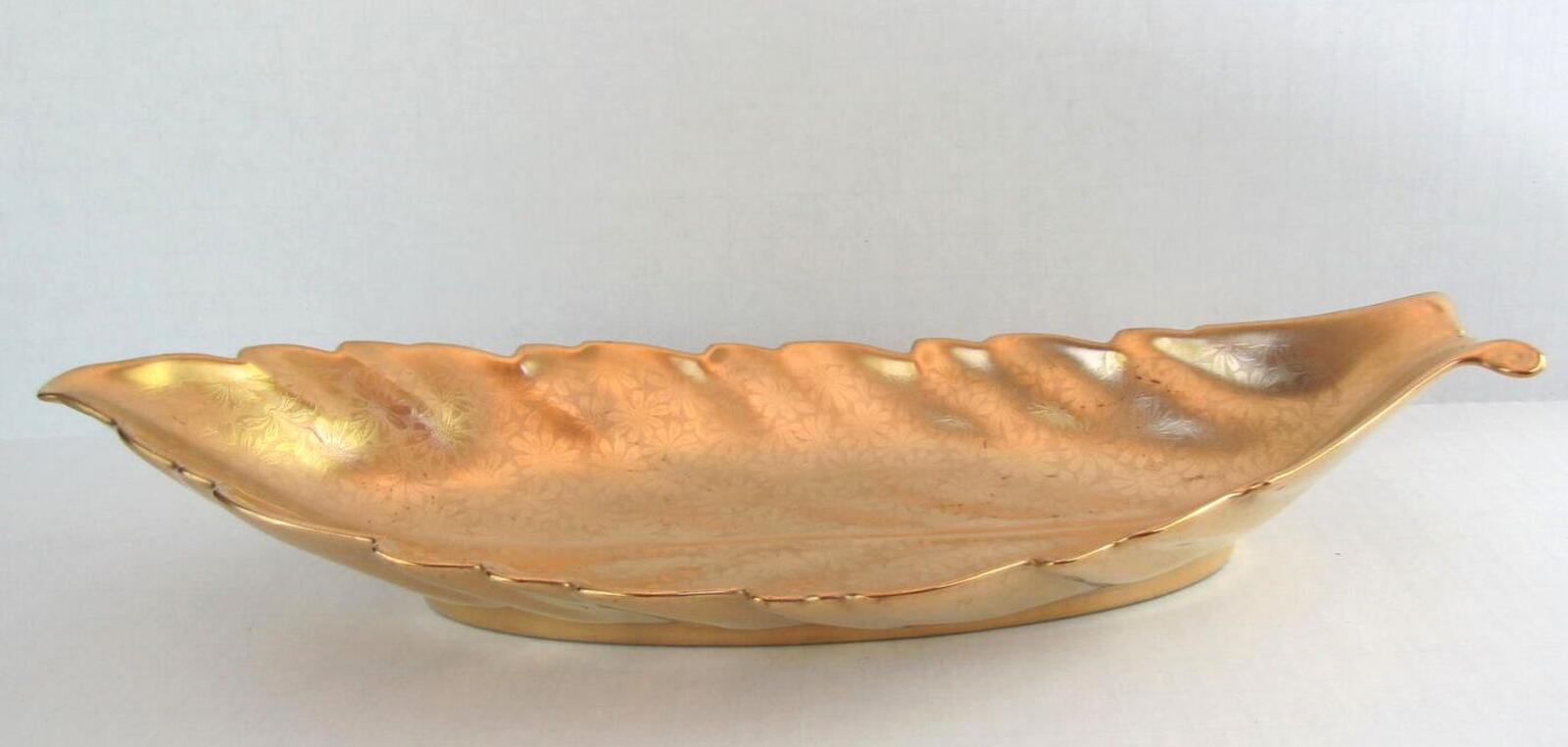 Vintage Edgerton 428 Gold Encrusted Porcelain Leaf Serving Dish Platter 12.75"