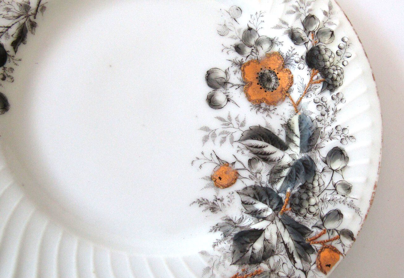 Antique P.R. Co. Germany Porcelain Plate, Fluted Swirl Rim Orange Blossom 1890s