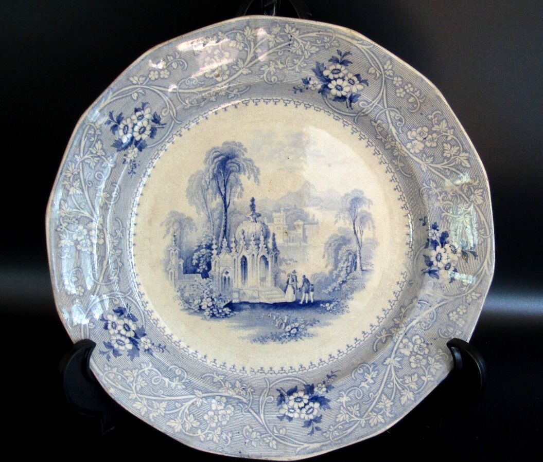 Antique W Adams Columbia Pattern Blue Ironstone 10.5" Deep Dinner Rim Plate