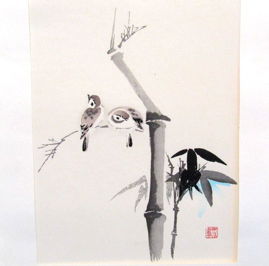 Vintage Japanese Woodblock Print Sparrows and Bamboo Chikanobu C Kano Matted