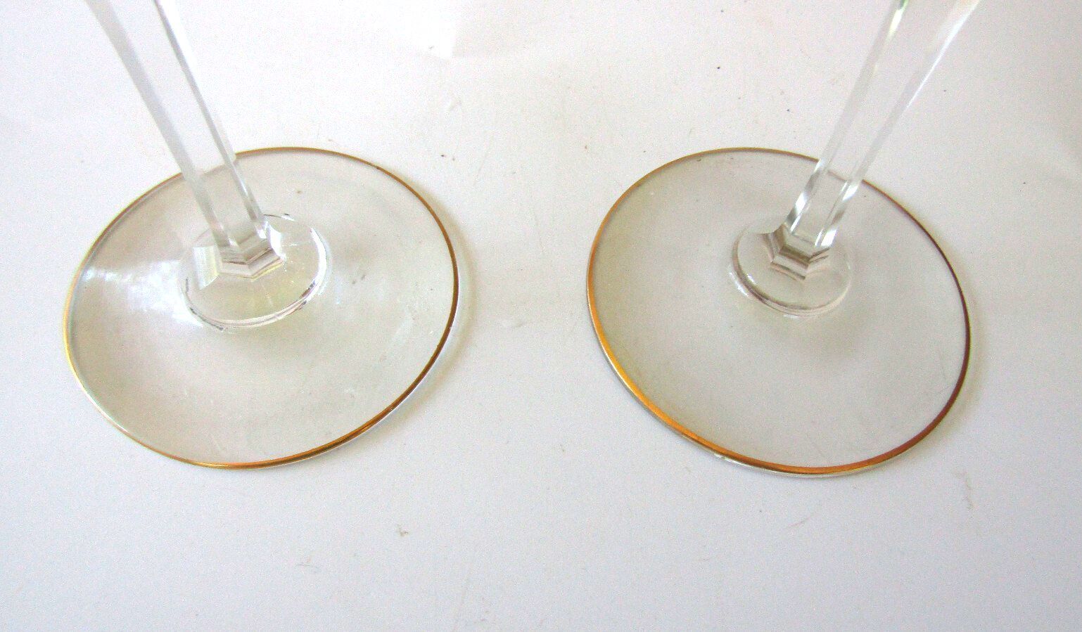 Pristine Mid Century Colored Coupe Glasses Gold Gilt Rim Champagne Cocktail Pair