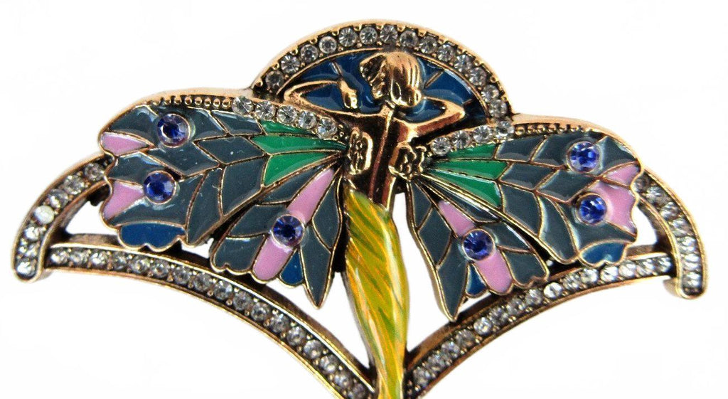 Vintage Art Nouveau Style Fairy Brooch with Enamel, Clear Crystals & Pearl Drop