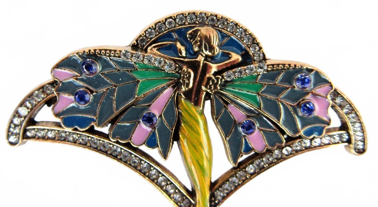 Vintage Art Nouveau Style Fairy Brooch with Enamel, Clear Crystals & Pearl Drop