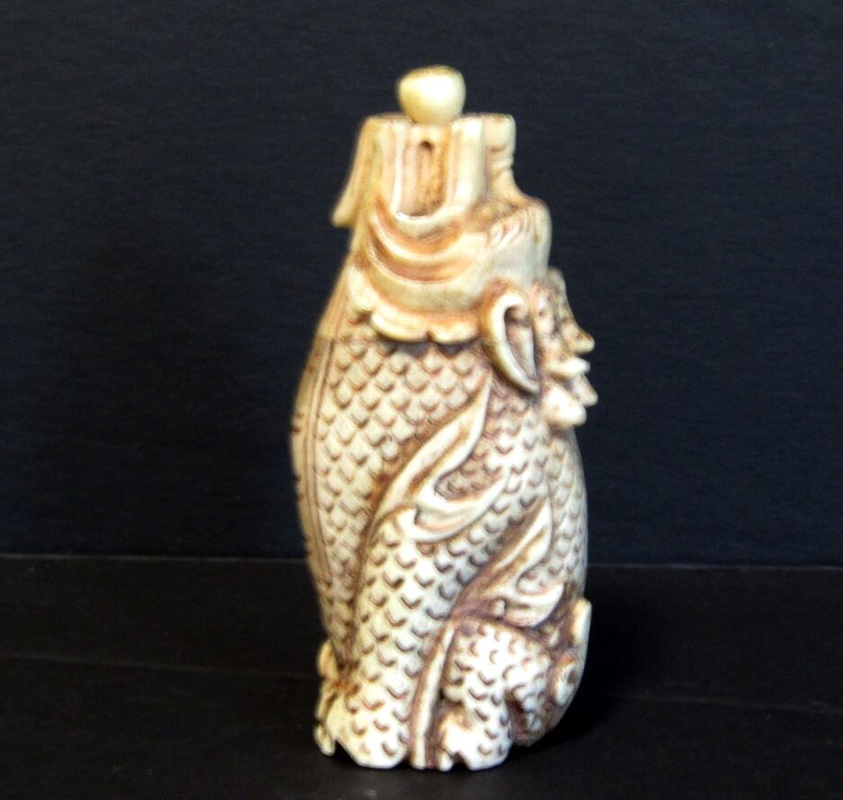 Vintage Carved Chinese Dragon Snuff Bottle Figural Fish Carp Longyu Asian Art