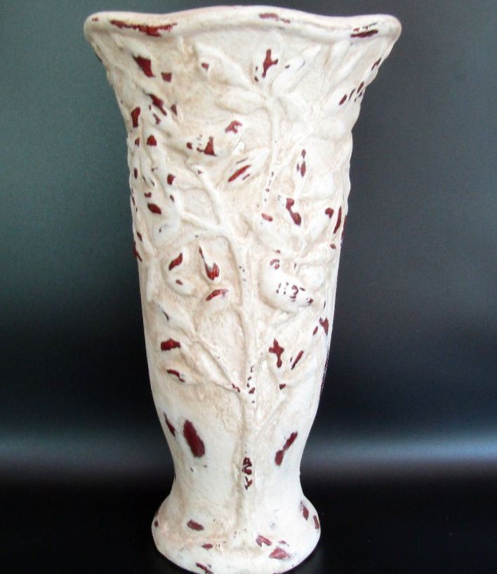 Vintage Hand Carved Wood Tree of Life Vase Distressed Gesso Folk Art
