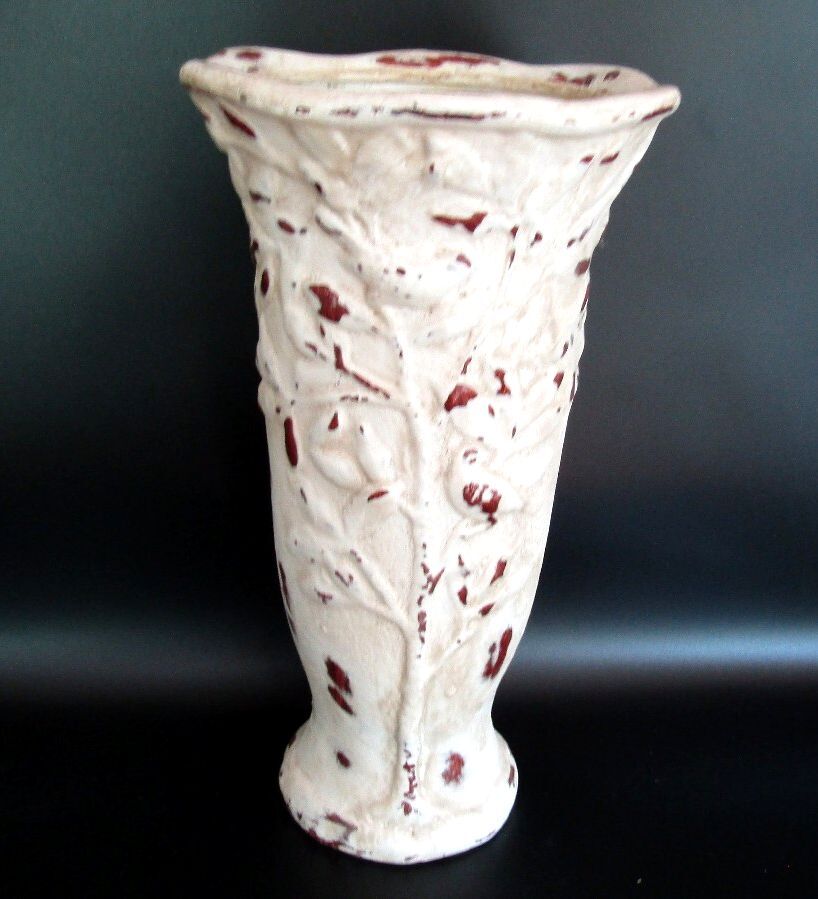 Vintage Hand Carved Wood Tree of Life Vase Distressed Gesso Folk Art