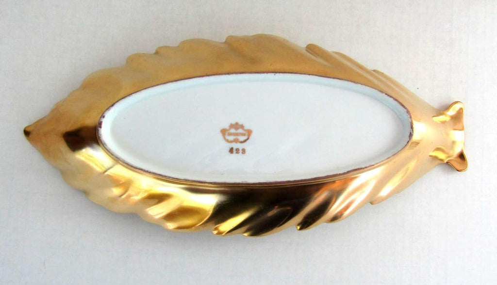 Vintage Edgerton 428 Gold Encrusted Porcelain Leaf Serving Dish Platter 12.75"