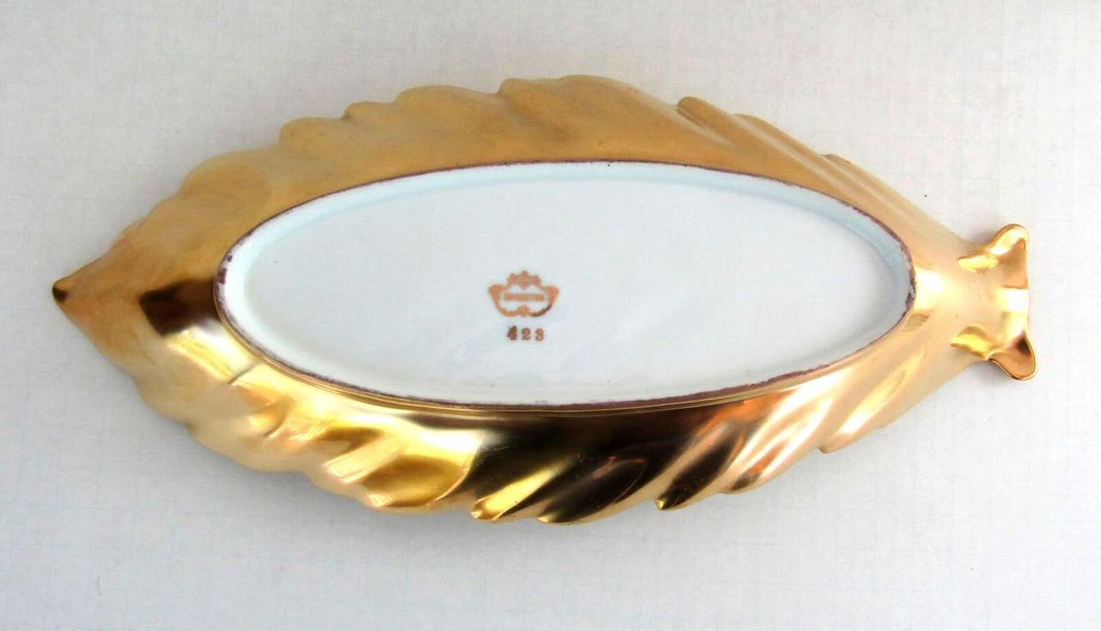 Vintage Edgerton 428 Gold Encrusted Porcelain Leaf Serving Dish Platter 12.75"