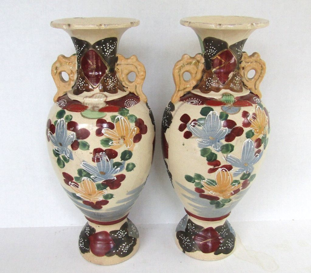 Antique Japanese Satsuma Moriage Vases - Matched Pair 13.5" Meiji Taisho 1910's