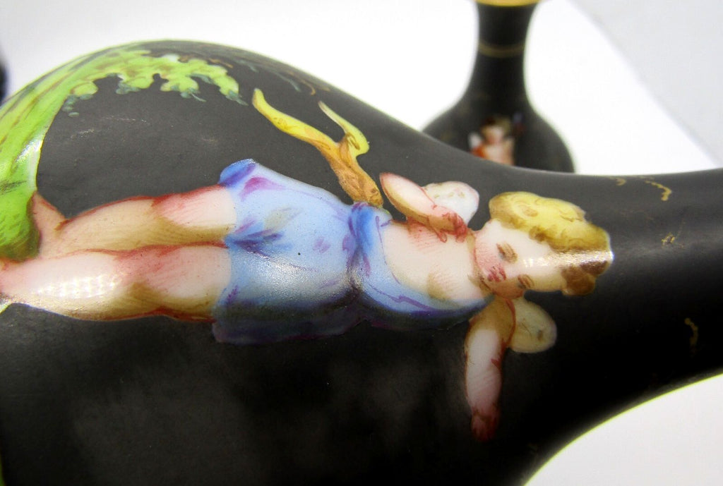 Antique Pair French Old Paris Porcelain Cherub Putti Vases Matte Black 5.5"