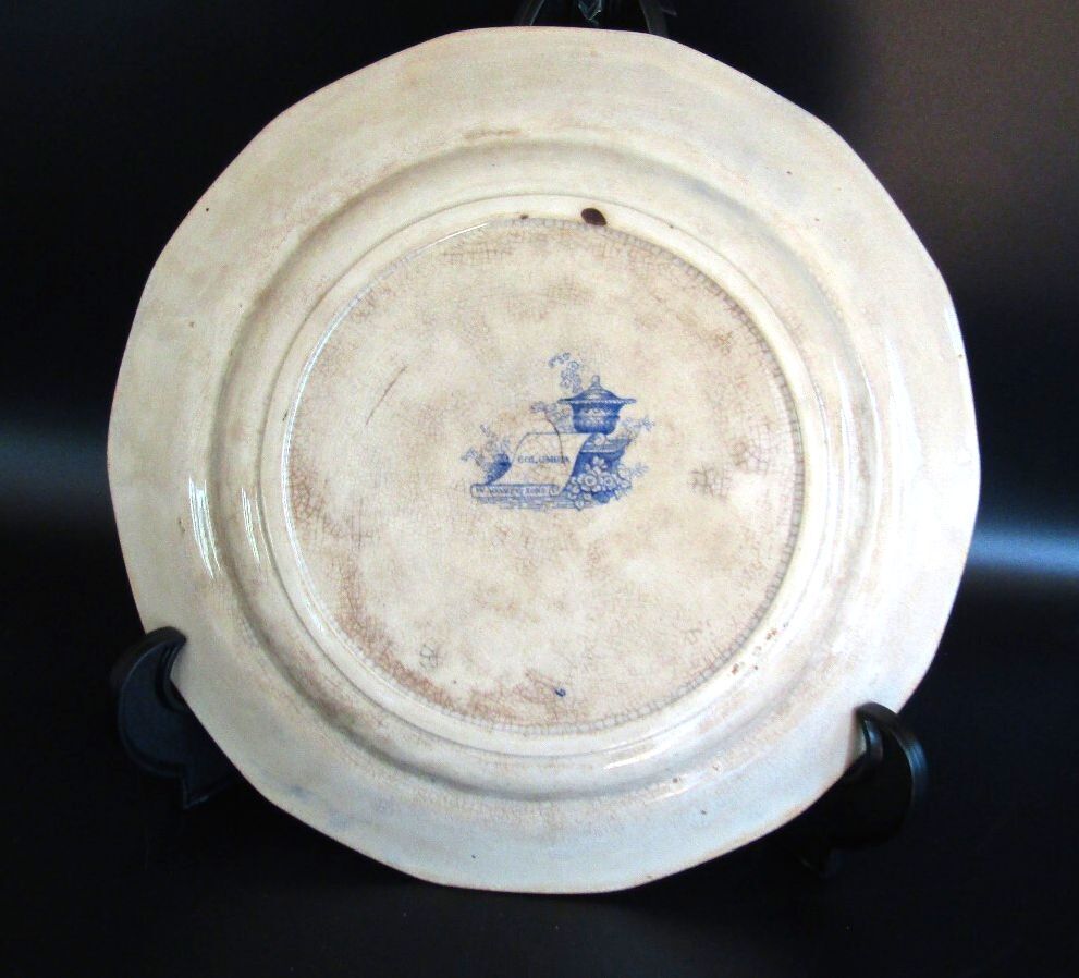 Antique W Adams Columbia Pattern Blue Ironstone 10.5" Deep Dinner Rim Plate
