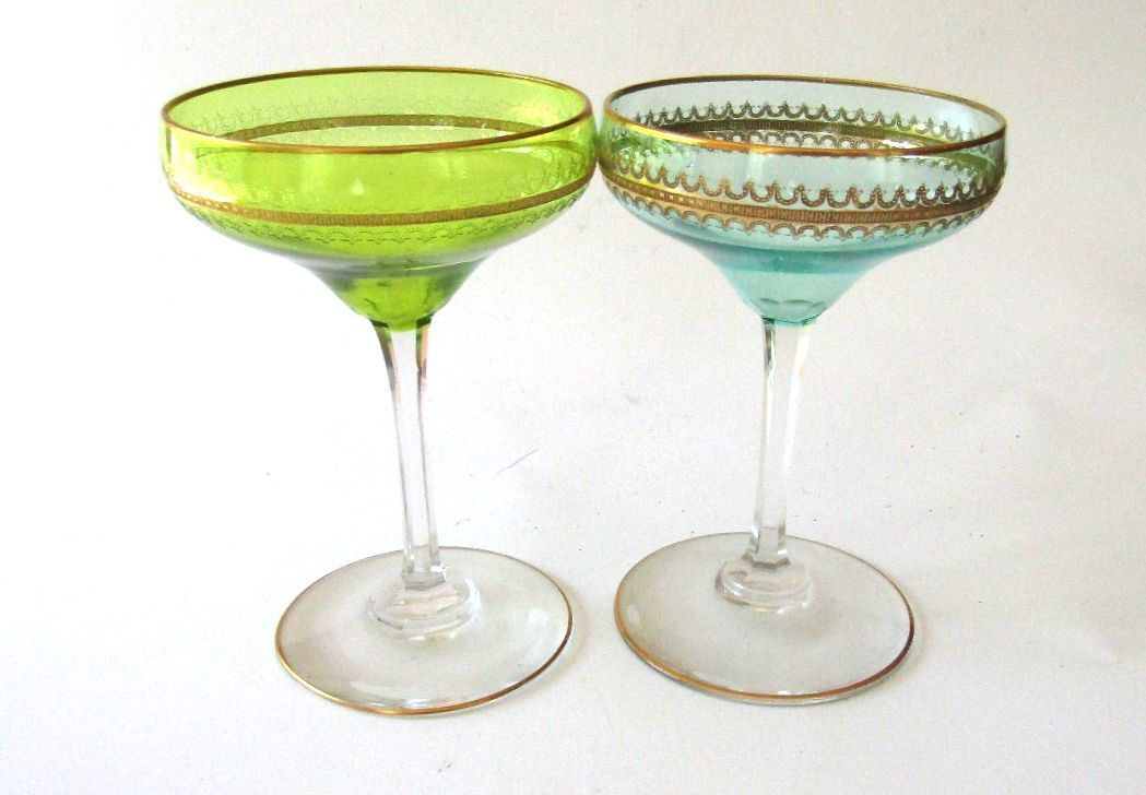 Pristine Mid Century Colored Coupe Glasses Gold Gilt Rim Champagne Cocktail Pair