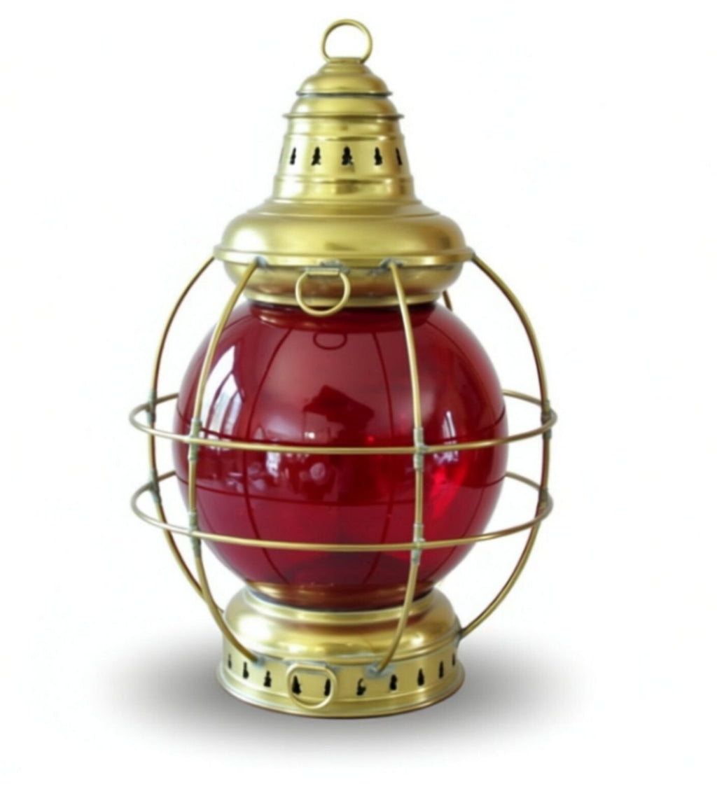 Antique Perkins Brass Onion Lantern 20" Ruby Red Glass Nautical Ship Oil Lamp