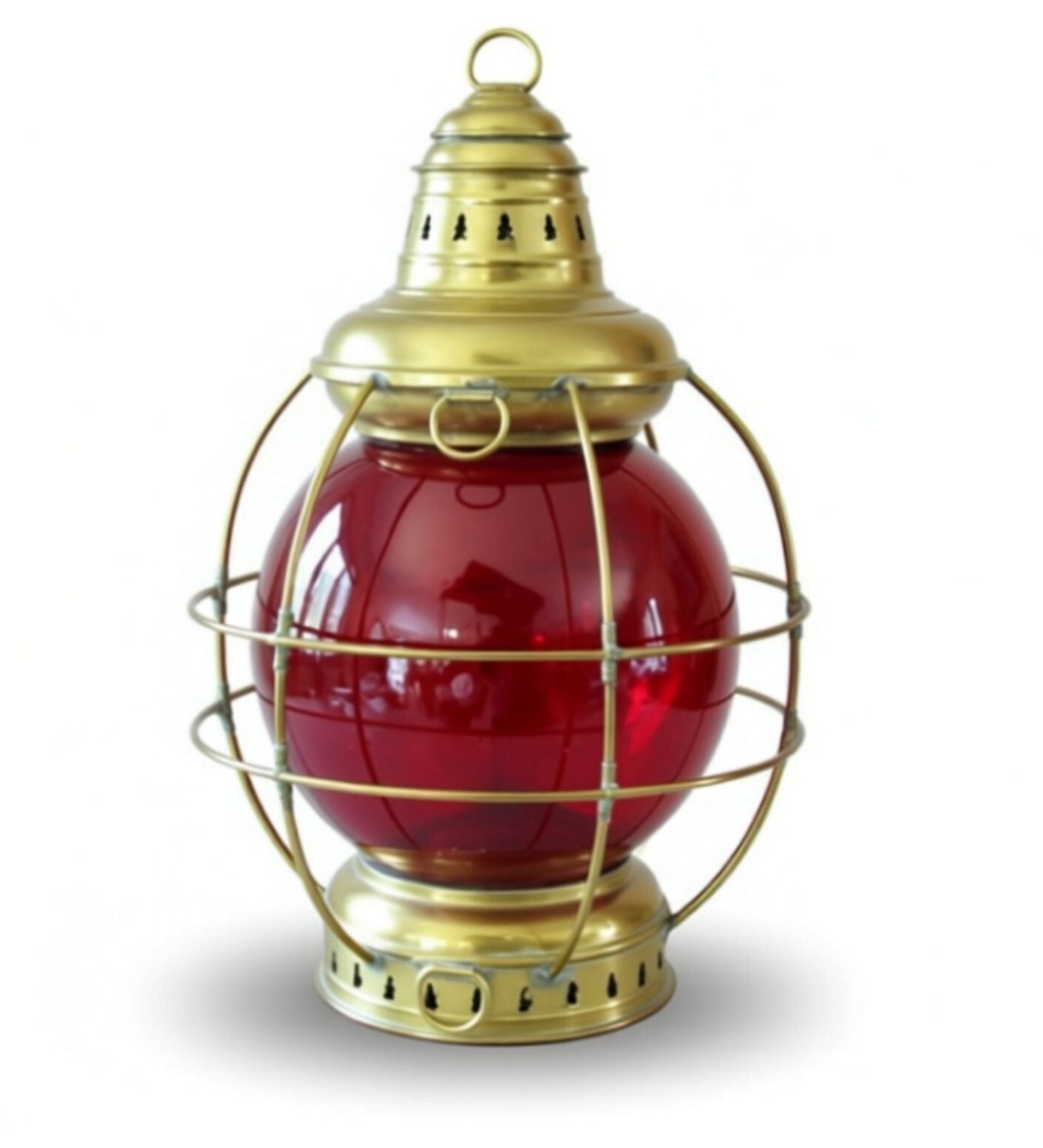 Antique Perkins Brass Onion Lantern 20" Ruby Red Glass Nautical Ship Oil Lamp