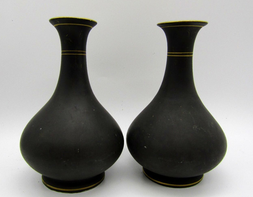 Antique Pair French Old Paris Porcelain Cherub Putti Vases Matte Black 5.5"
