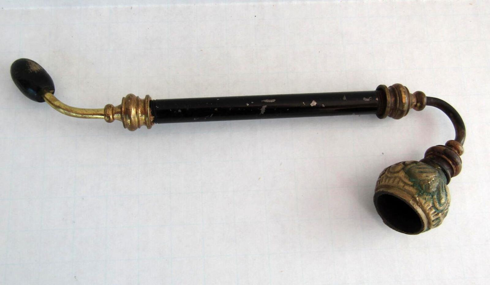 Antique Asian Long Metal Smoking Pipe Patina Decorative Brass Collectible