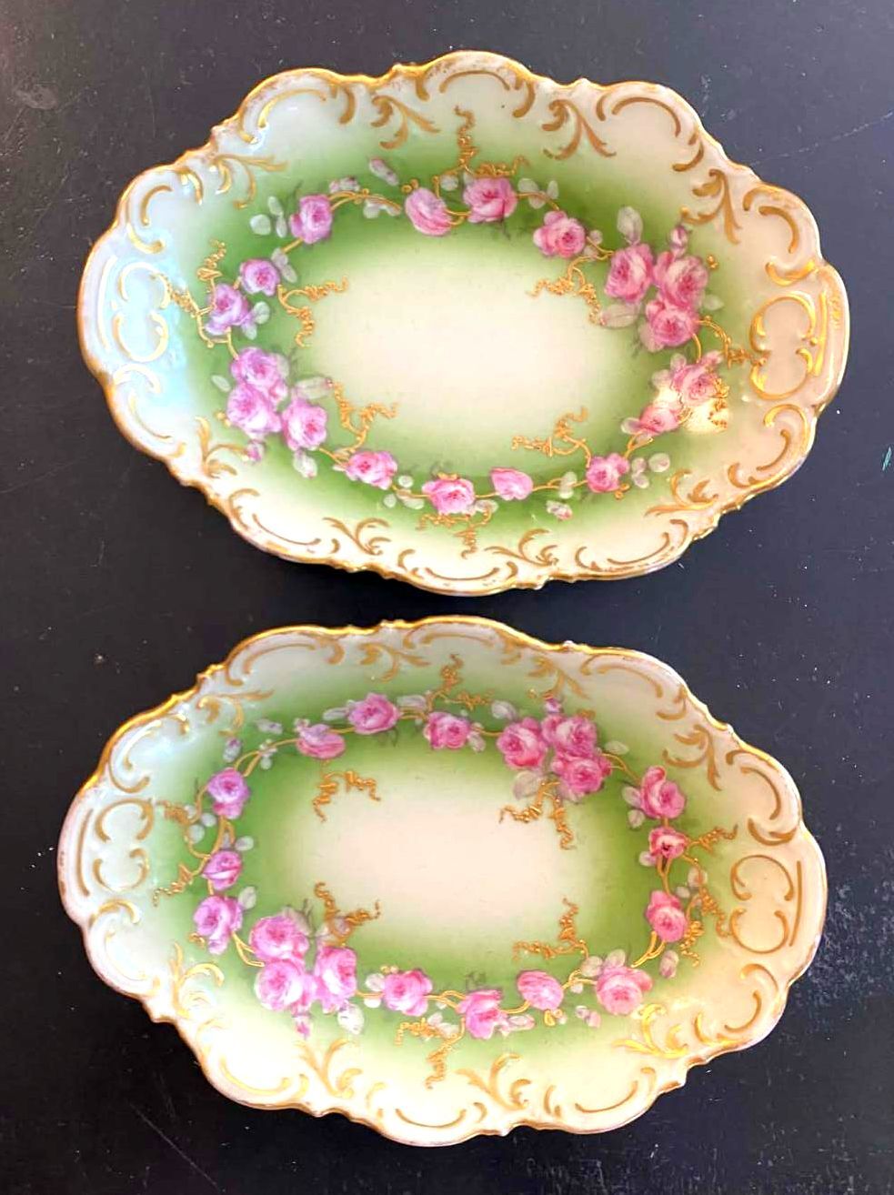 Antique AK Limoges France Porcelain Pickle Relish Dishes Pink Roses Pair