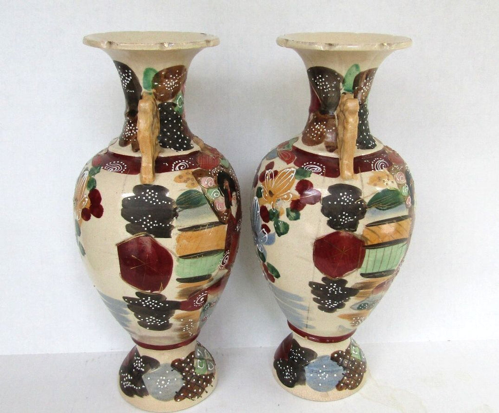 Antique Japanese Satsuma Moriage Vases - Matched Pair 13.5" Meiji Taisho 1910's