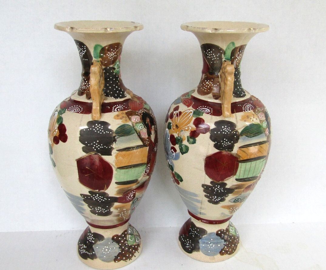 Antique Japanese Satsuma Moriage Vases - Matched Pair 13.5" Meiji Taisho 1910's