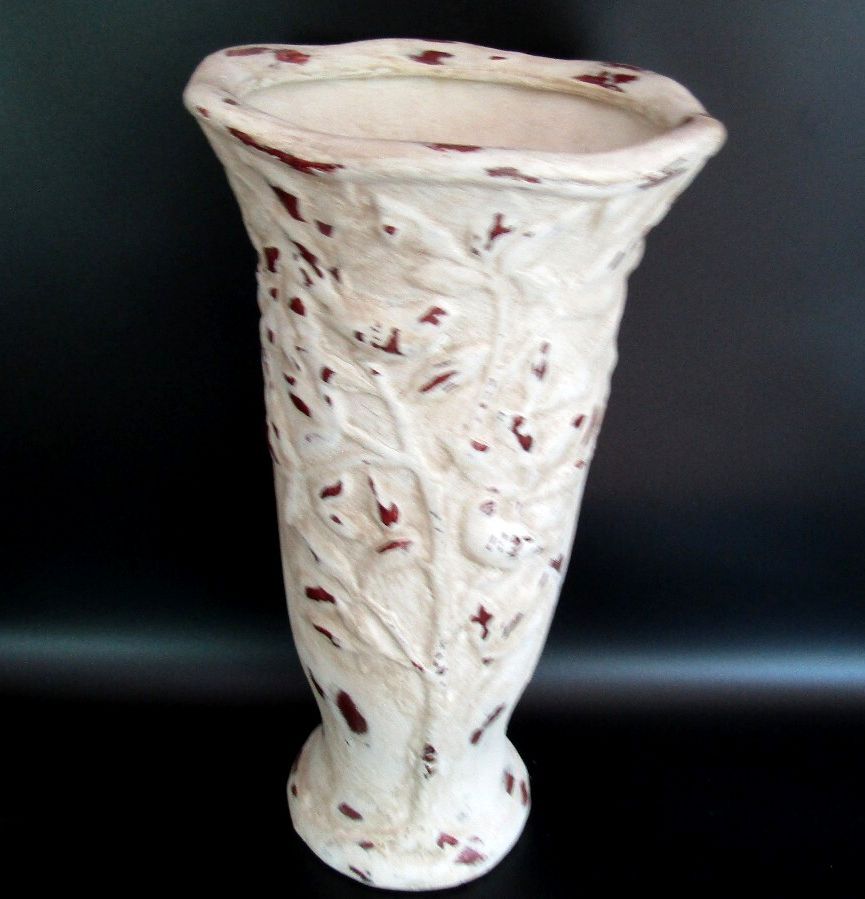 Vintage Hand Carved Wood Tree of Life Vase Distressed Gesso Folk Art