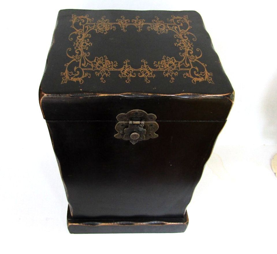 Vintage Chinoiserie Wood Decanter Chest Velvet Lined Tabletop Barware Caddy
