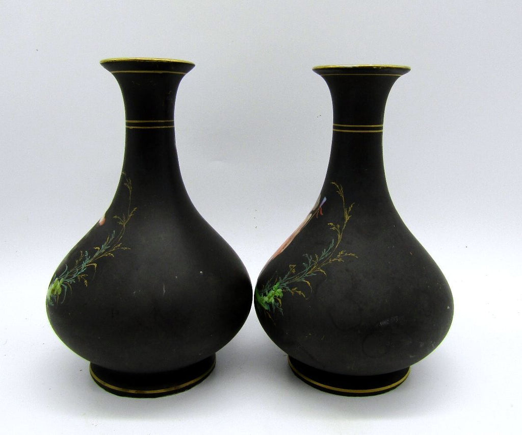 Antique Pair French Old Paris Porcelain Cherub Putti Vases Matte Black 5.5"