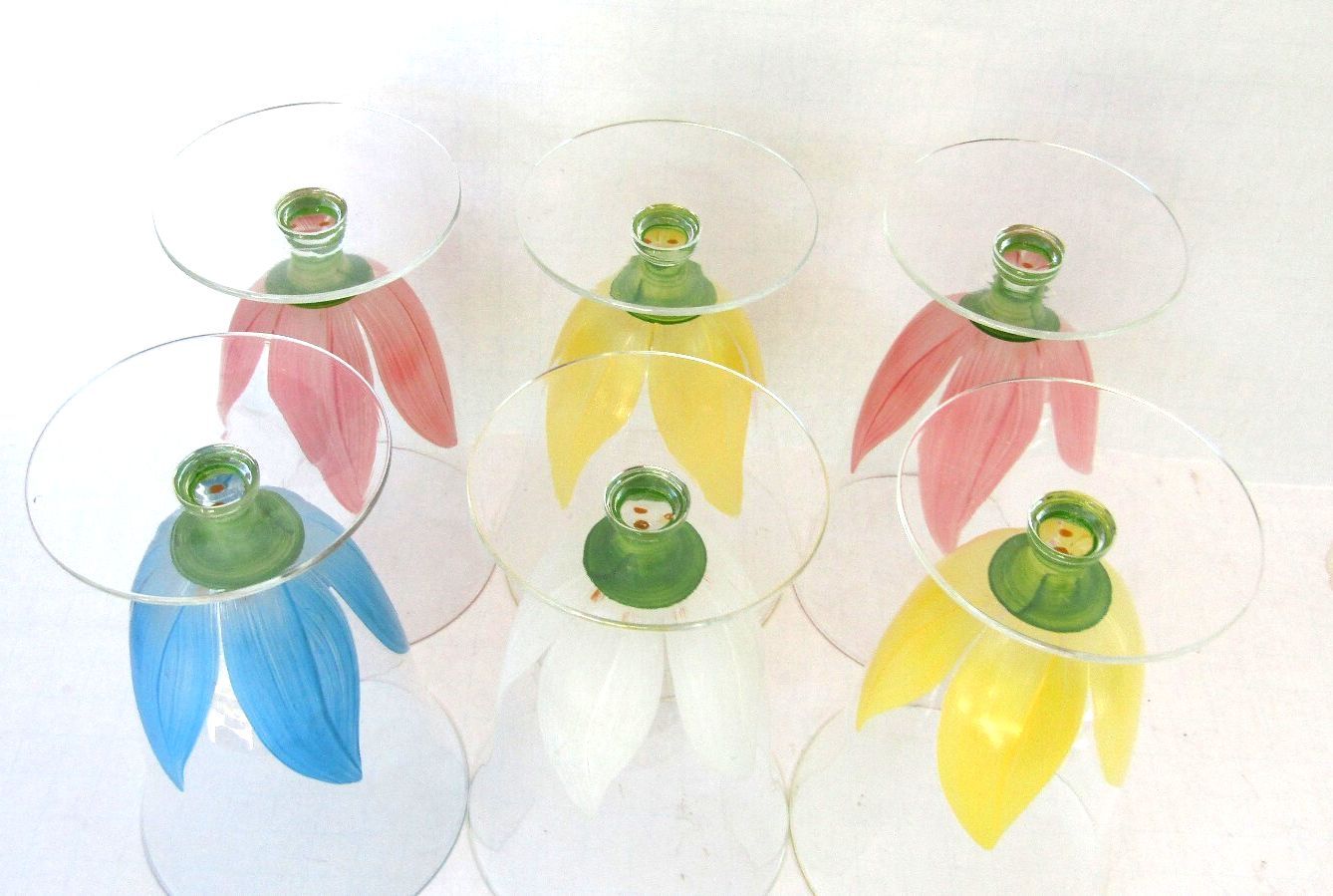 Vintage Hand Painted Tulip Glassware Set of 6 Rainbow Floral Goblets