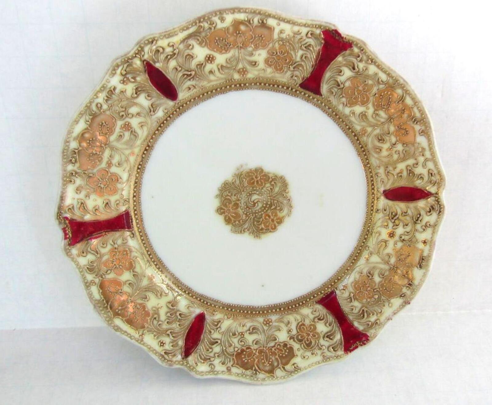 Antique Noritake RC Nippon Moriage Dessert Plates Pair Red Gold Scalloped