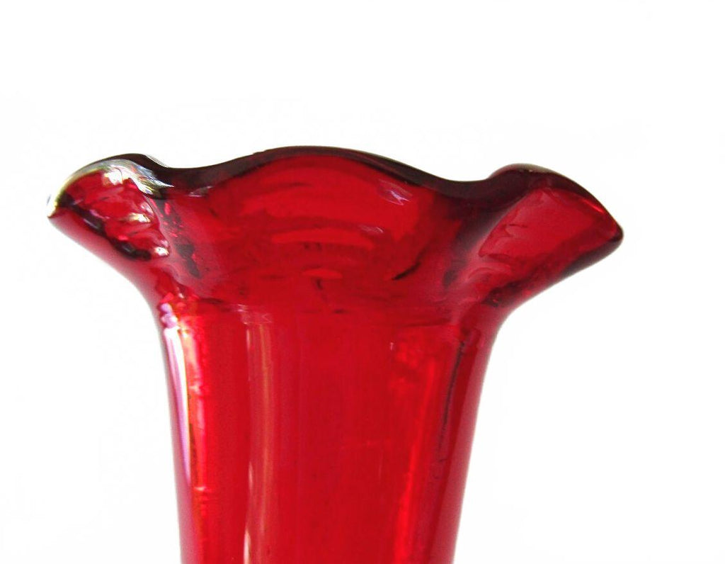 Vintage Ruby Red Hand Blown Glass Onion Bud Vase 7-5/8" Ruffled Rim Pontil Base