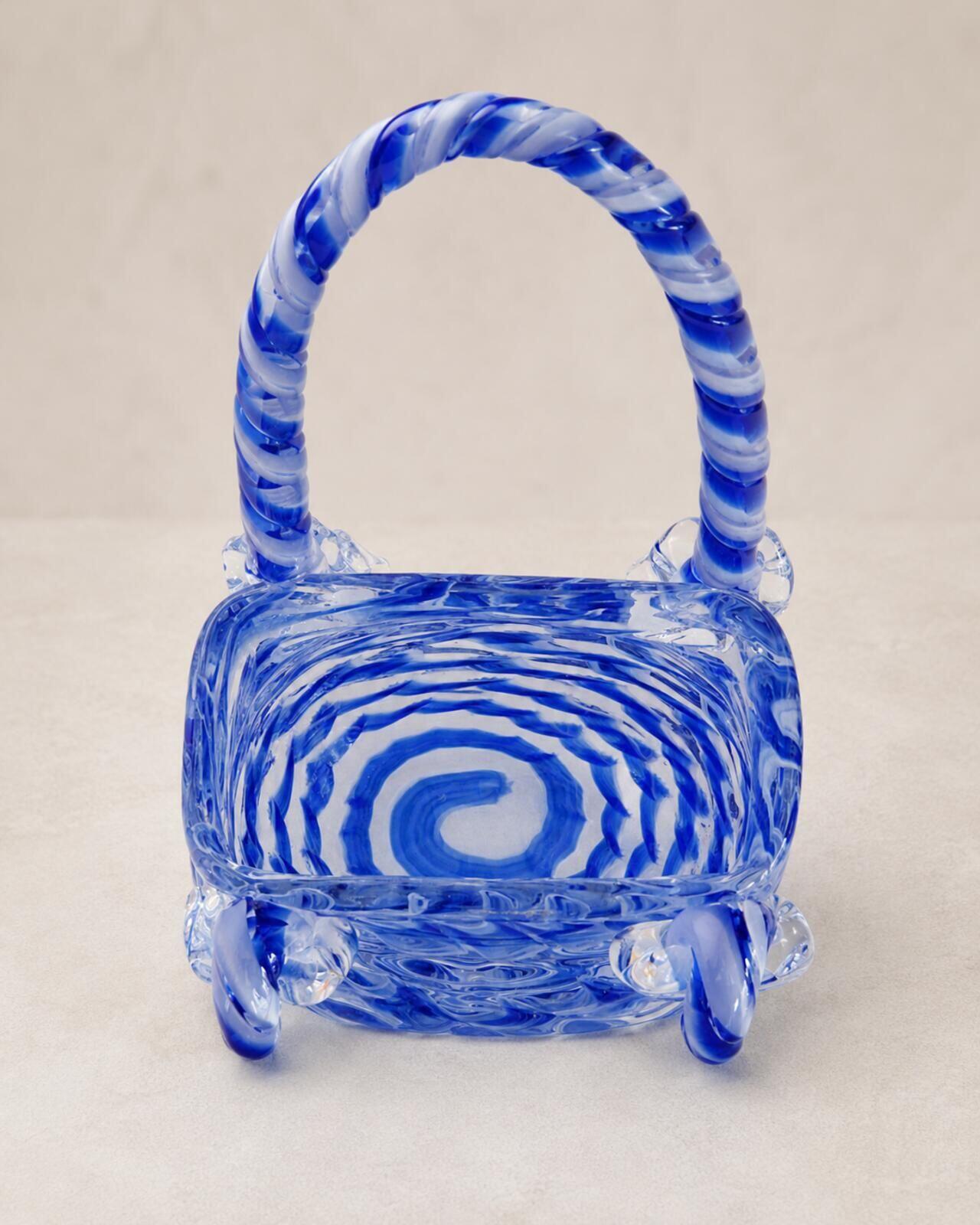 Vintage Murano Style Blue White Swirl Glass Purse Vase Handbag 9" Perfect