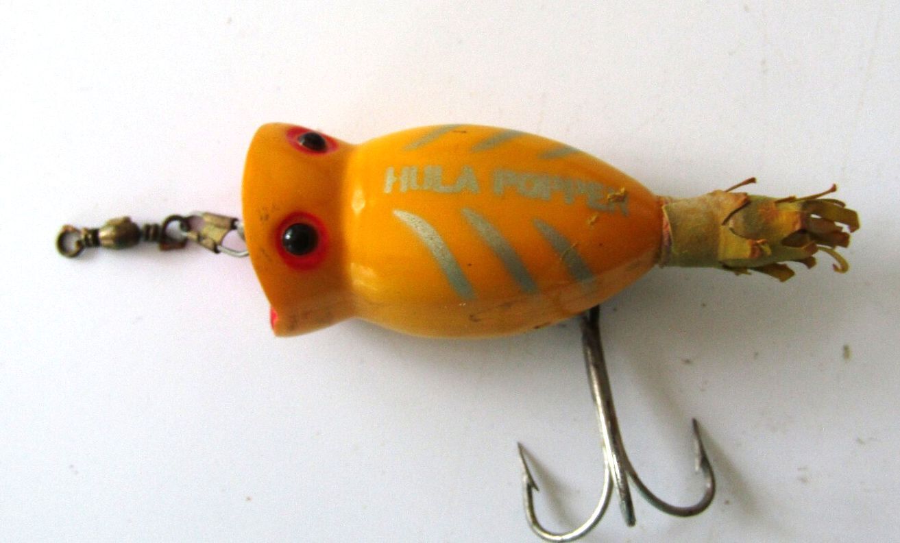 Vintage Fred Arbogast Spinning Hula Popper Lure w/ Original Box & Papers Yellow