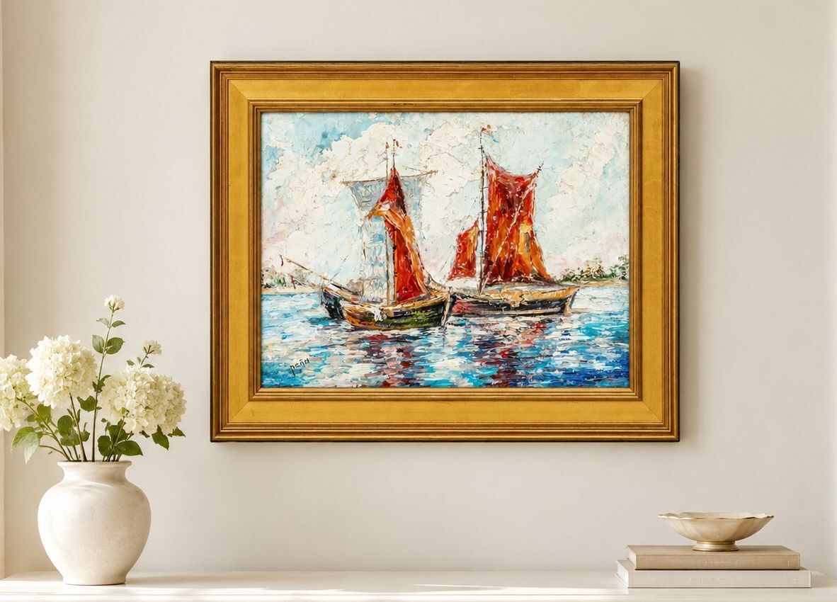 Vintage Mid-Century Modern Nautical Sailboat Impasto Painting