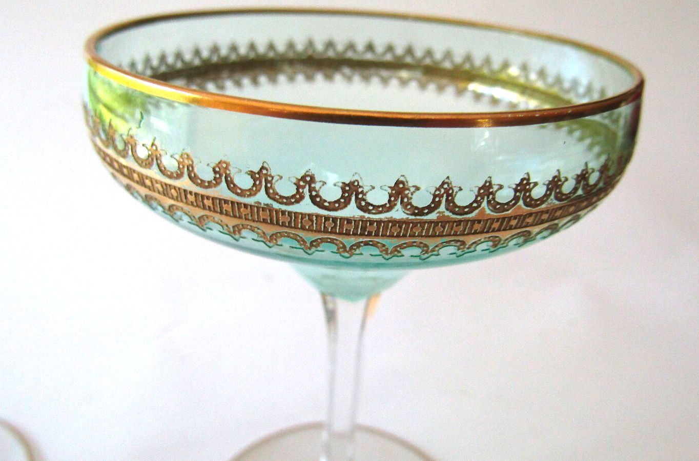 Pristine Mid Century Colored Coupe Glasses Gold Gilt Rim Champagne Cocktail Pair