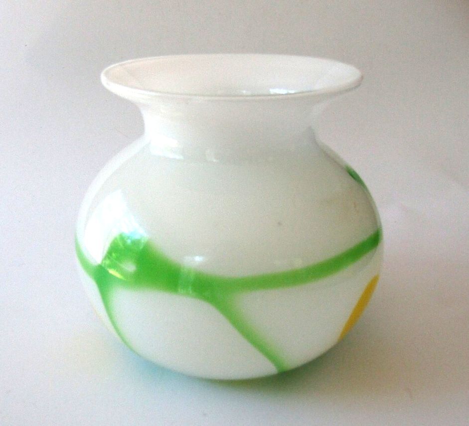Vintage Hand Blown White Cased Art Glass Vase Green Vine Yellow Spots Pontil 5"
