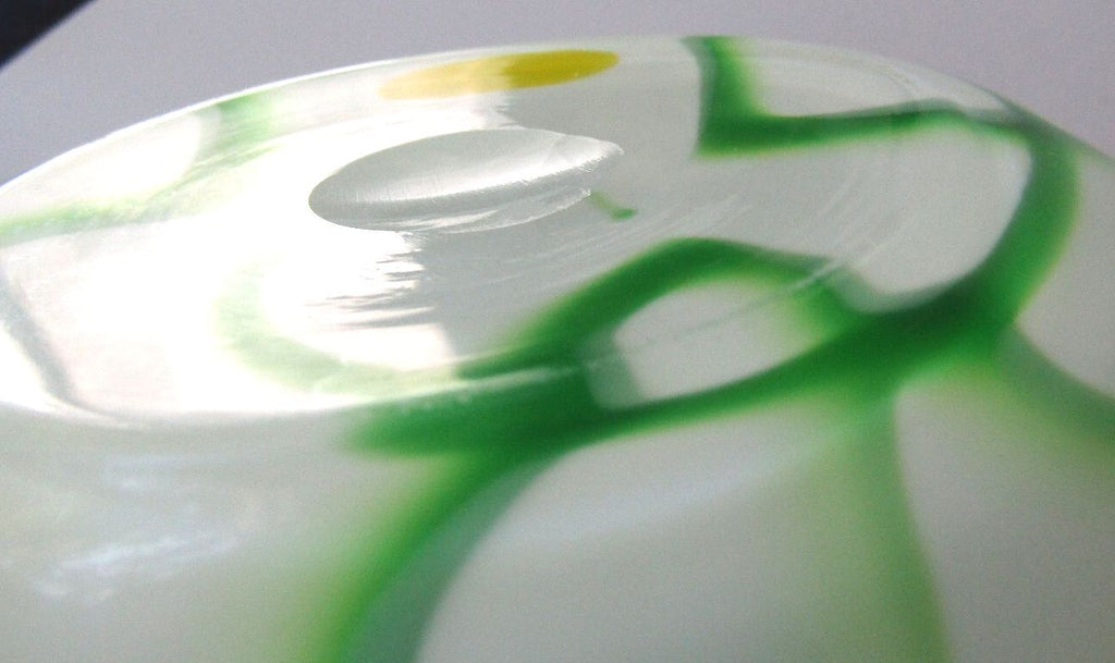 Vintage Hand Blown White Cased Art Glass Vase Green Vine Yellow Spots Pontil 5"