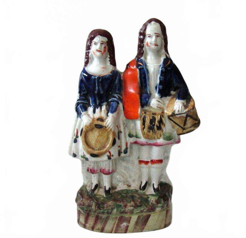 Antique Staffordshire Flatback Figurine Victorian Musicians Cobalt Blue c1850