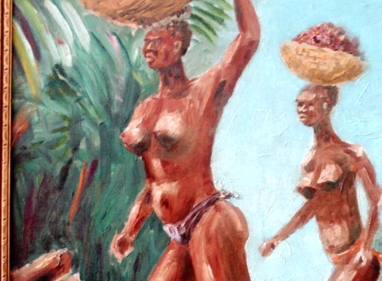 Vintage MCM Tribal Folk Art Oil Painting - Signed M.R. Stein NYC