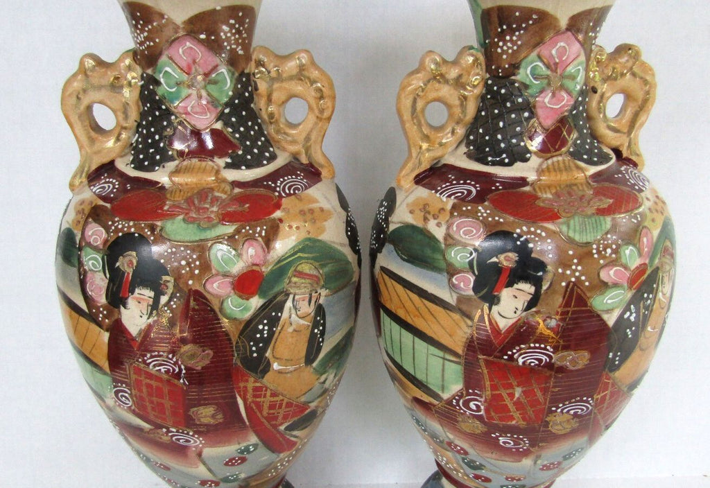 Antique Japanese Satsuma Moriage Vases - Matched Pair 13.5" Meiji Taisho 1910's