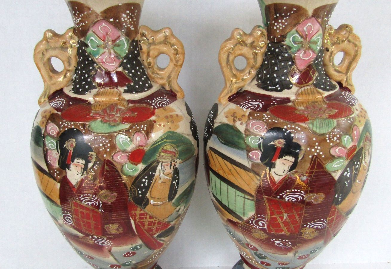 Antique Japanese Satsuma Moriage Vases - Matched Pair 13.5" Meiji Taisho 1910's