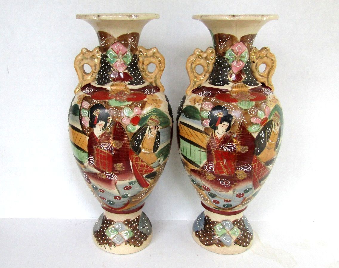 Antique Japanese Satsuma Moriage Vases - Matched Pair 13.5" Meiji Taisho 1910's