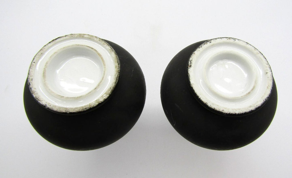 Antique Pair French Old Paris Porcelain Cherub Putti Vases Matte Black 5.5"