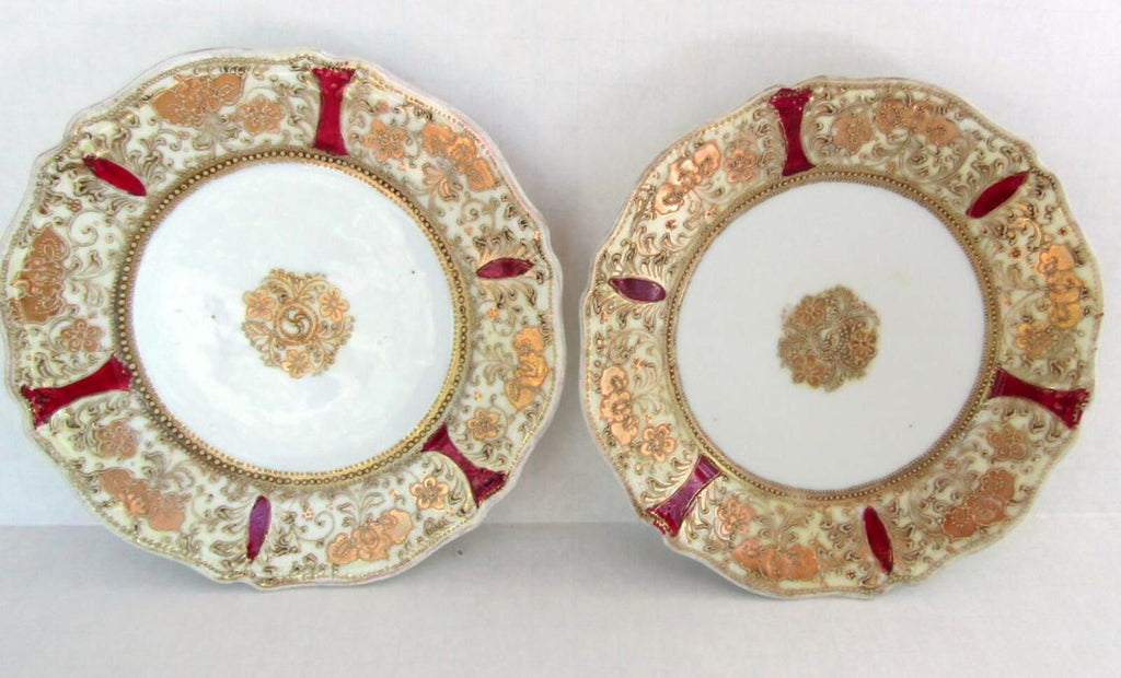 Antique Noritake RC Nippon Moriage Dessert Plates Pair Red Gold Scalloped