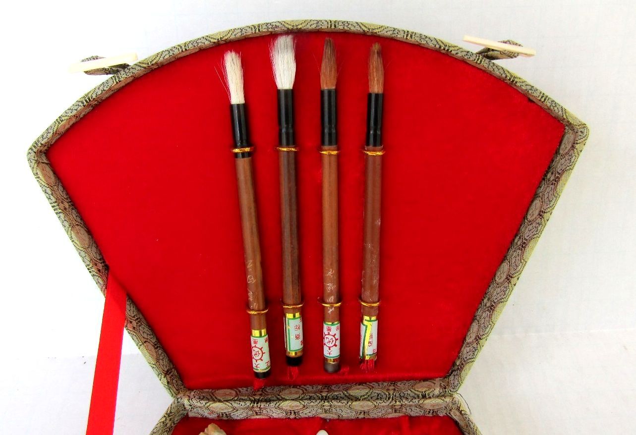 Vintage Chinese Calligraphy Sumi-E 4-Brush Fan Set