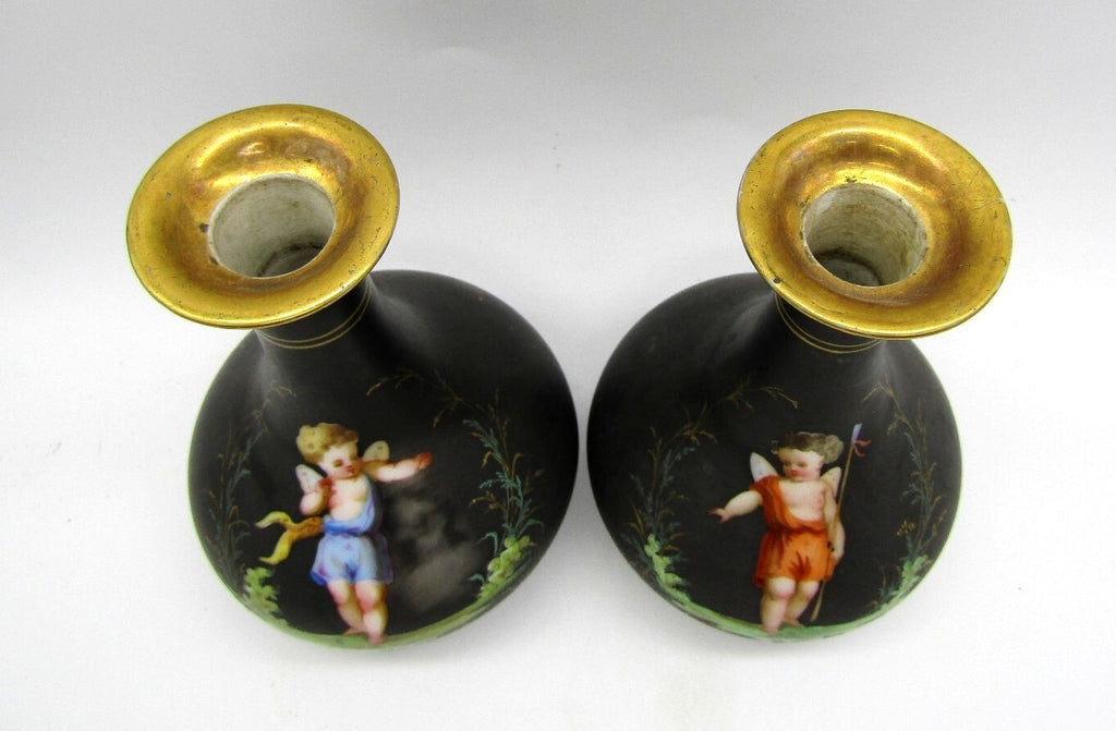 Antique Pair French Old Paris Porcelain Cherub Putti Vases Matte Black 5.5"