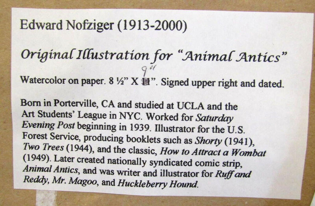Edward Nofziger Original Watercolor Cartoon  From “Animal Antics” Signed