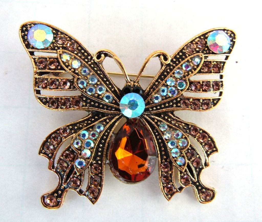 Vintage Butterfly Brooch with Blue and Amber Rhinestones