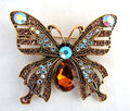 Vintage Butterfly Brooch with Blue and Amber Rhinestones