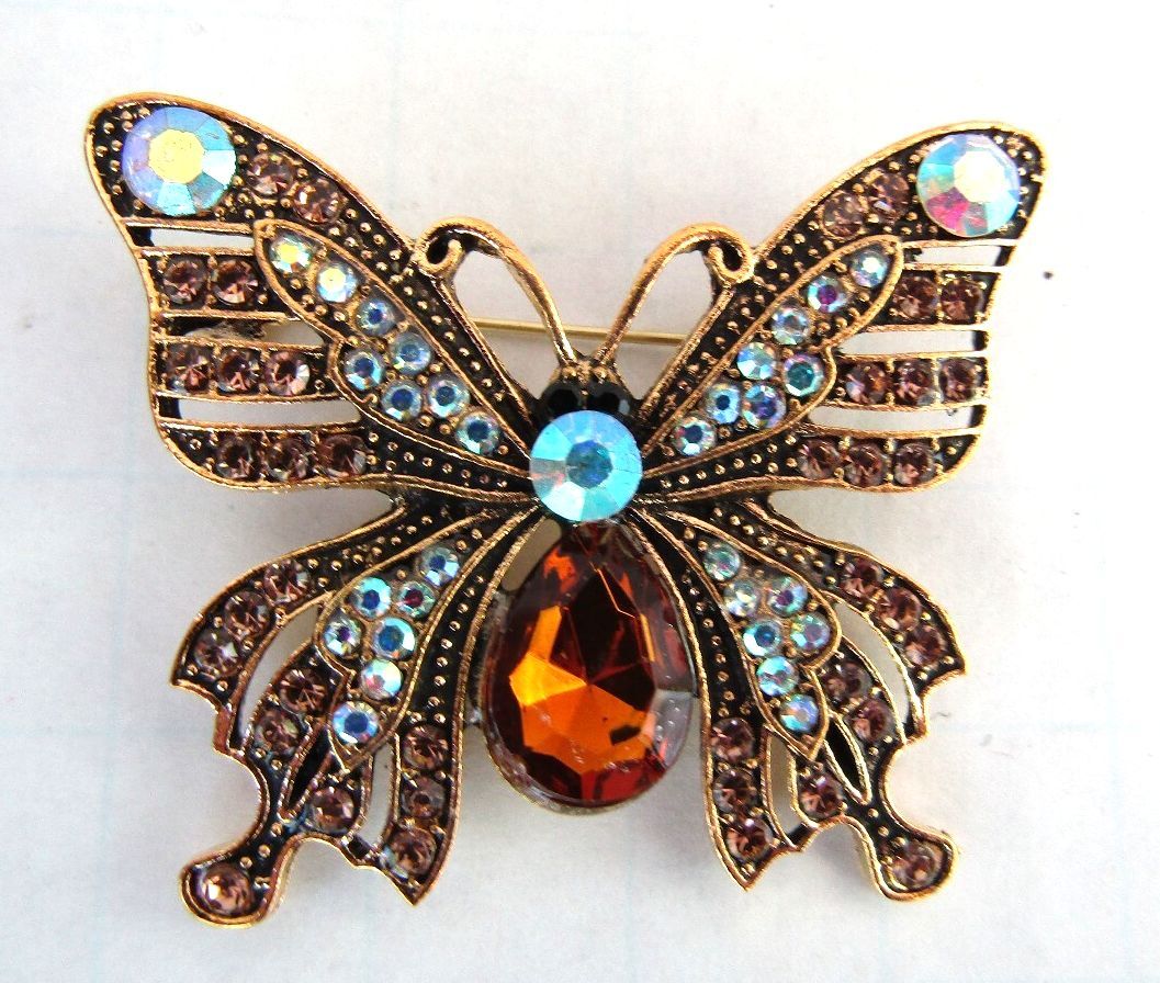Vintage Butterfly Brooch with Blue and Amber Rhinestones